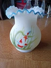 Hand Painted Fenton Burmese Glass Vase Satin Finish Koi Fish