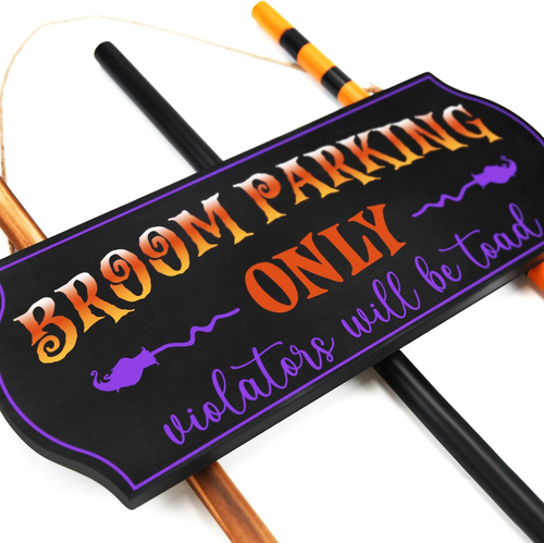 Halloween Decorations Broom Parking Sign 3 Wooden Witches Brooms Hocus Pocus - Picture 3 of 12
