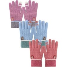 3 Pairs Kids Winter Knit Gloves Ages 1-5 Boys Girls Full Finger, Warm Wool Lined