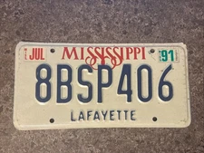 1991 Mississippi License Plate # 8BSP406 Lafayette County
