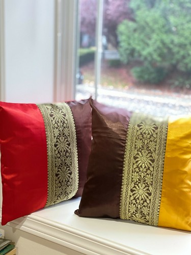 Silk Pillow Cover Cushion Cover Brocade Border 16 X 16 Inch Pillow Boho Decor - Picture 3 of 17