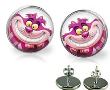 Alice In Wonderland Cheshire Glass Top Stud Earrings Handcrafted Earrings 20mm
