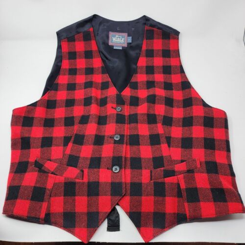 Vintage Womens Woolrich Red Black Plaid Button Wool Blend Pocket Vest Large USA