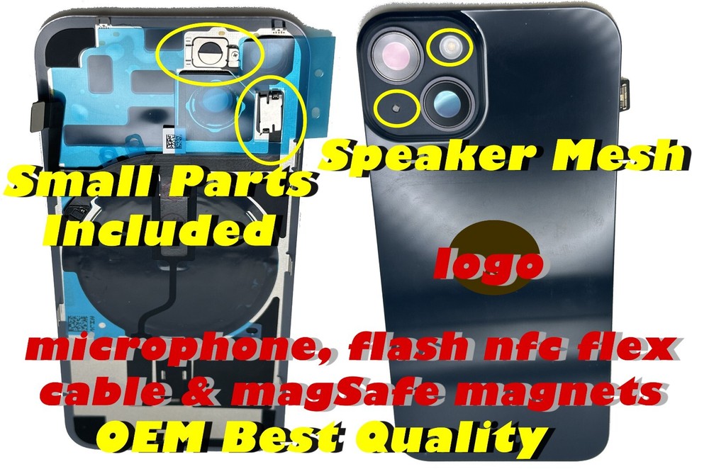 iPhone 14 & Plus Back Glass Cover: Rear Door with flex cables: flash mic nfc