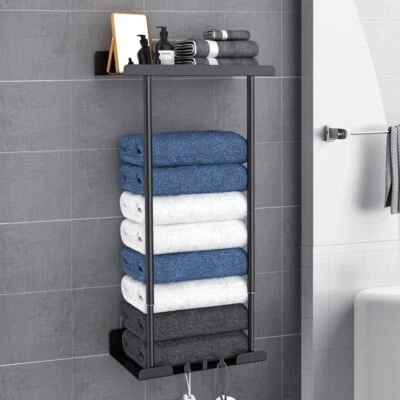 Towel Holder Rack Bathroom Storage Rack Wall Mounted Quality Black Finish
