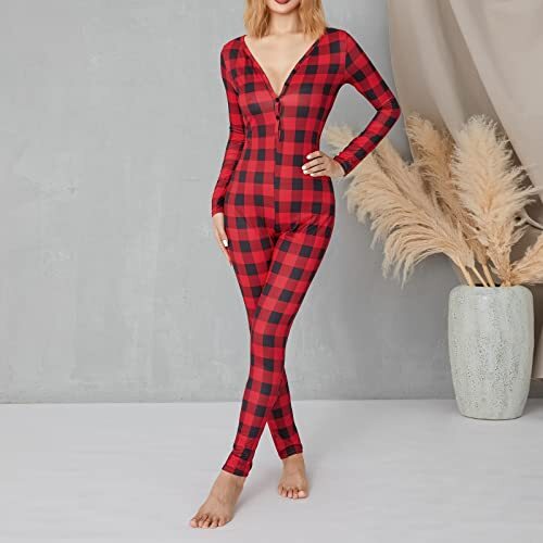 Women's One Piece Ugly Christmas Pajamas Print Jumpsuit Medium Red Plaid - Picture 6 of 8