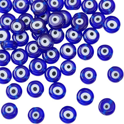 ca. 49 Stück Blaue Flache runde Evil Eye Perlen, 8mm Handgemachte Glas Lampwork 