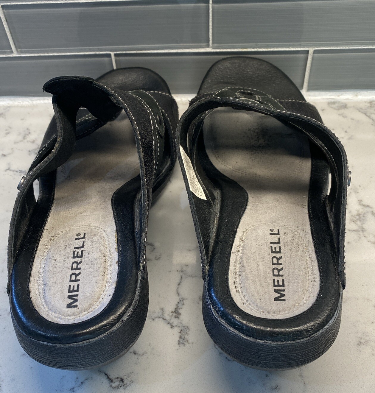 Sandali Merrell donna Y2K grossi neri Luxe slide pelle zoccoli con cinturino US 7