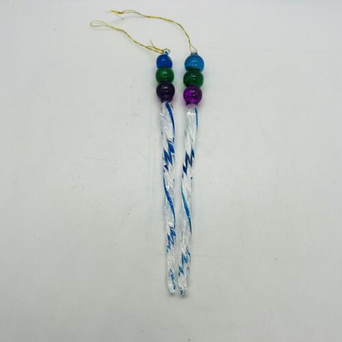 2 Hand Blown Twisted Art Glass Finial Icicle Christmas Ornament Multicolor Blue