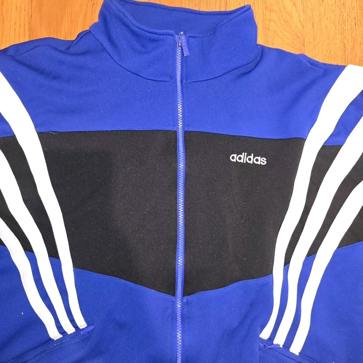 Vintage adidas Track Jacket Mens Large Blue Black 3 Stripes Long