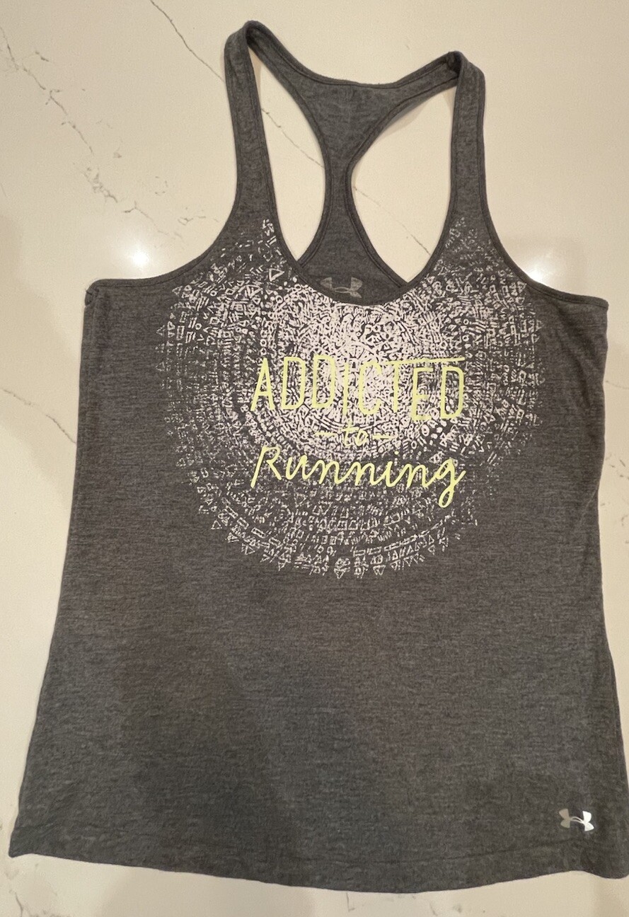 Under Armour Women’s Grey Racerback Tank Top Size “Addicted To Running”