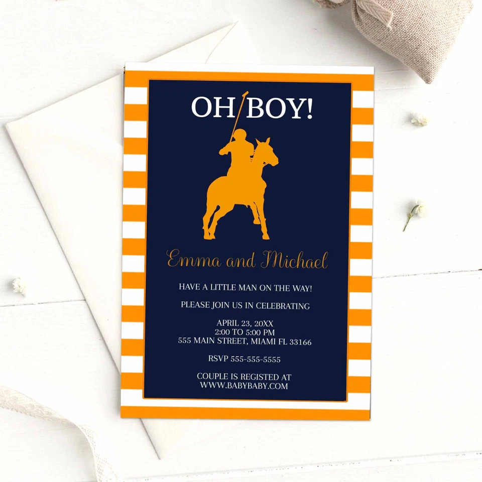 30 Polo Caballo Cumpleaños o Baby Shower Invitaciones Personalizadas Naranja Azul Foto 2 de 2