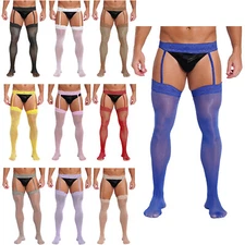 Mens Tights High Stockings Glossy Pantyhose Hold-ups Floral Satin Lace Cutout