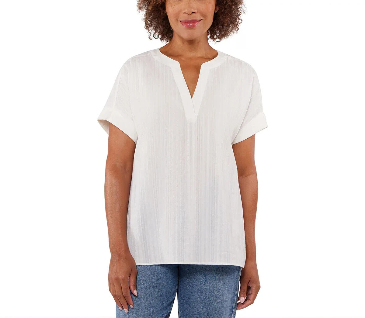 Matty M Ladies' Cotton Popover Top Short Sleeve Tee V-Neck Blouse Ivory  Size XL