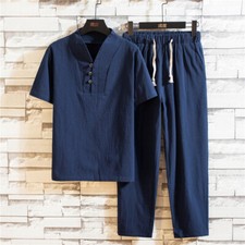 Summer Men's 2pc Cotton Linen Walking Suit Short Sleeve Casual Shirt  Pants Set