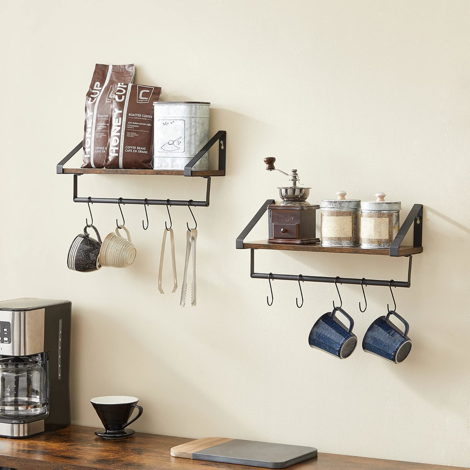 Rustic Floating Shelf with Hooks, Wall Storage for Kitchen, Bedroom