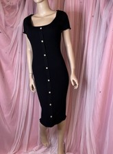 Hippie Rose Black Body Con Ribbed Midi Dress Cap Sleeves L