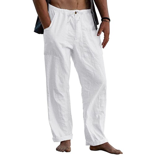 Herren Sommer Strand Locker Baumwolle Leinen Hose Yoga Kordelzug Elastisch Hose. - Bild 8 von 14