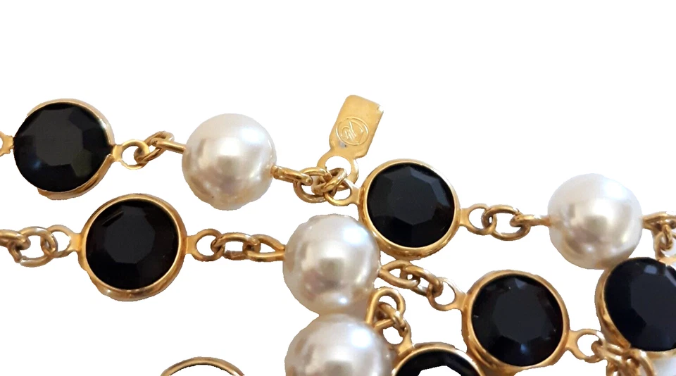 Swarovski Crystal Necklace Black Bezel Set White Faux Pearl Gold Tone Swan Stamp - Image 2 of 4