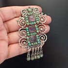 Vtg Mexican Silver Brooch Ornate Scroll Stone Dangle Statement Festival Boho 925