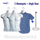 3 Pack Male Torso Dress Body Form Mannequins White with 3 Hangers and 1 Stand