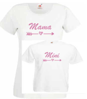 Weiße passende Mama Tochter T-Shirts rosa Schrift Mama Mini 1 Jahr bis Gr. 20 neu 