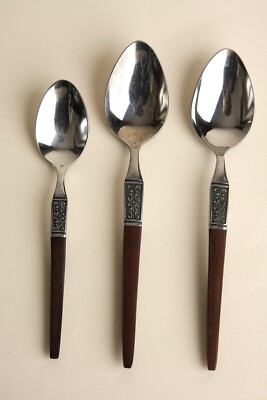 Ekco Eterna LA JOYA  Lot of 3 Stainless Spoons Danish MCM Faux Wood Japan