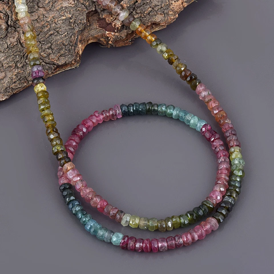 Collar de cuentas rondelle de piedras preciosas multicolores de turmalina facetada natural de 3,5 mm Foto 2 de 4