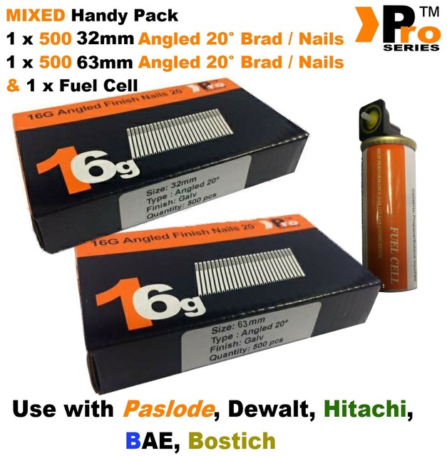 32mm + 63mm Mixed 16g ANGLED Nails 2 x 500 pack + 1 x Fuel Cell for Paslode A4 32mm + 63mm Mixed 16g ANGLED Nails 2 x 500 pack + 1 x Fuel Cell for Paslode A4