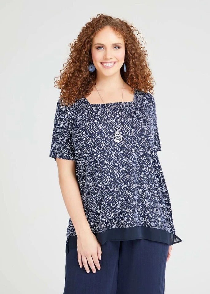 TS VIRTUELLE Bamboo Square Neck Dots Top in Print Blue Size XL (22-24)