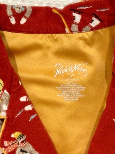 Nick & Nora Womens Medium Red Flannel Pajamas Sock Monkeys Skating Orange Trim - Bild 4 von 10