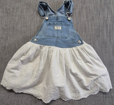 OshKosh B'gosh girls 5T denim overall pinafore dress white eyelet embroidered