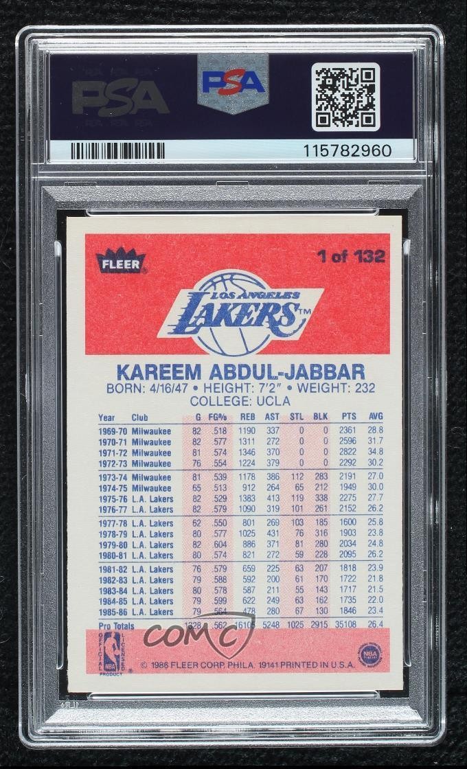 1986-87 Fleer Kareem Abdul-Jabbar #1 PSA 6.5 HOF view 2