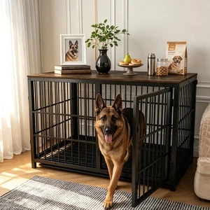 Thicken Dog Crate Furniture Chew-Proof Wooden Dog Cage for High Anxiety Dog+Tray