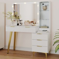 Tocador Maquillaje Mesa Espejo Tapa Vidrio con Espejo 5 Cajones 3 Colores Luces Blanco