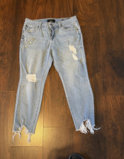 Bonjour Girls Skinny Crop Jeans Light Wash Distressed Denim Blue Size 13/14