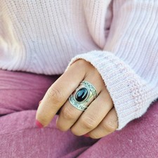 Genuine Black Onyx 925 Sterling Silver Oval Shaped Ring Boho Ring Statement Ring