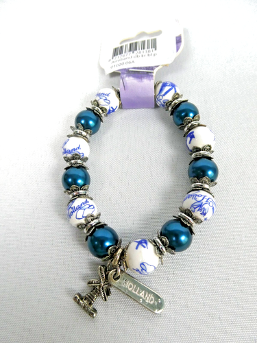 VTG Holland Windmill Porcelain Stretch Bead Bracelet Blue & White with Charms - Picture 2 of 6