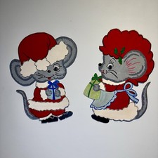 Set of Vintage Christmas Cardboard Cut Outs Mouse In Santa Hat w/ Presents