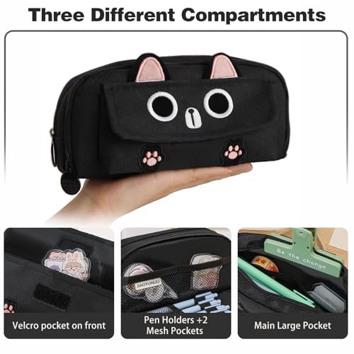 Big Capacity 3D Cat Pencil Case, Zipper Pencil Pouch for Girls Boys Back Black - Picture 3 of 7