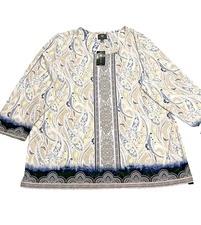 JM Collection Women’s Plus 2X Beige Blue Yellow Paisley Textured 3/4 Sleeve Top