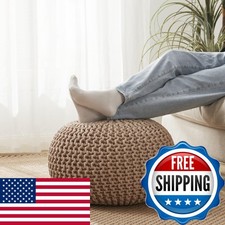 Pouf Ottoman 20" Diameter x 14" Tall Taupe 100 Cotton Knit EPS Bead Filled
