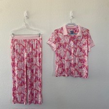 Muk Luks Pajama Set Short Sleeve Top Cropped Pants Pockets Pink Palm Women's M