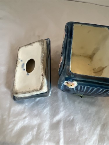Pipa de cerámica mayólica vintage tapa tarro de tabaco caja baratija flores azules rosas - Imagen 6 de 7
