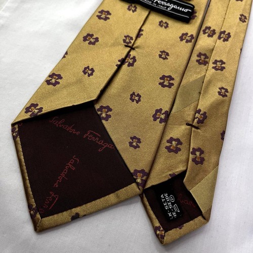 Ferragamo Silk Tie Small Pattern Butterfly Floral Gold Glossy Used - Picture 6 of 7