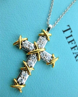 $9,500 TIFFANY & CO. SCHLUMBERGER DIAMOND GOLD PLATINUM 10 STONE CROSS NECKLACE