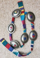 Heavy Metal Concho Belt Woven Serape Fabric Belt 47" Vintage