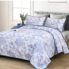 Blue Quilt Set Queen Size, 3 Pieces Botanical Bedspreads Set Lightweight Micr...