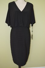 Adrianna Papell Beaded Trim Pintuck Dress Split Sleeve Black LBD Size 12 NWT
