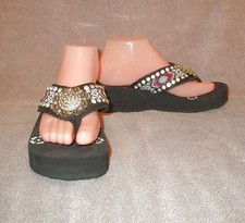 Montana West Iridescent Rhinestone Beaded Flip Flop Sandals 9 Concho Platform